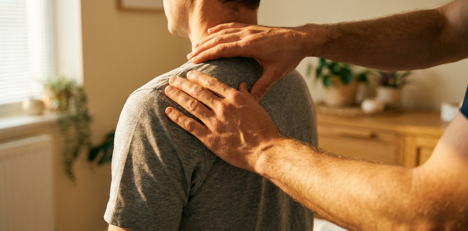 Close-up of a physiotherapist's hands treating a patient's shoulder