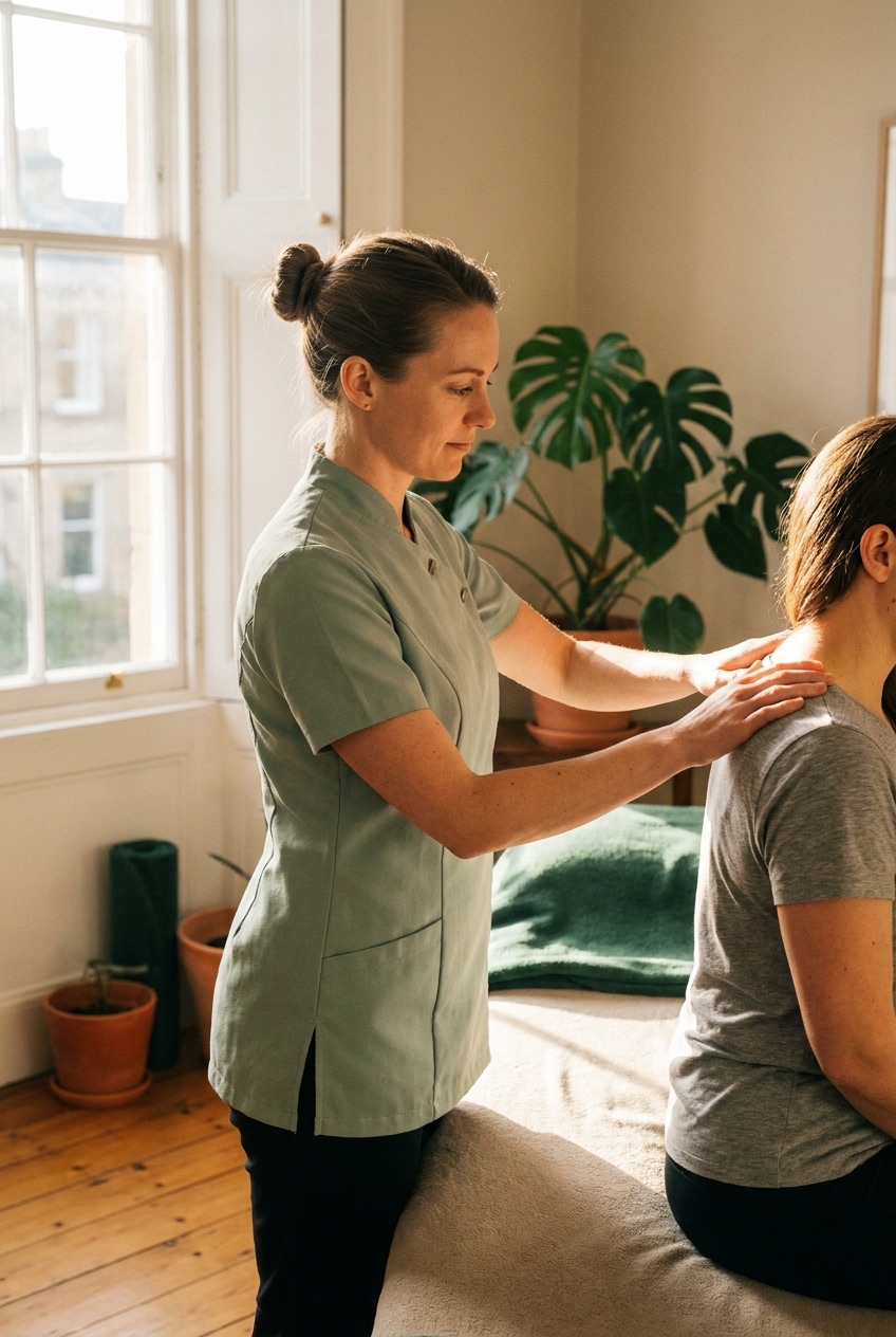 A chartered physiotherapist treating a patient's shoulder in a bright, warm Marlow treatment room
