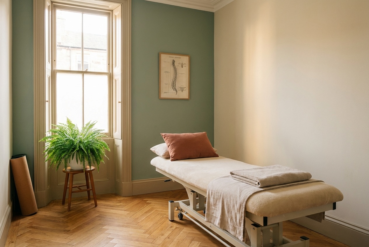 A calm, light-filled treatment room with a warm cream couch, oak floor and a tall sash window